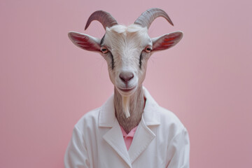 Portrait of a Goat Wearing a White Lab Coat Against a Pink Background