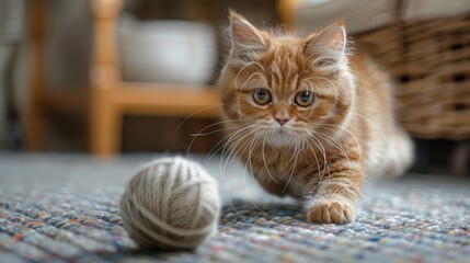 Wall Mural - With a playful glint in its eye, a chubby cat chases a yarn ball in a whimsical studio setting, its cartoonish antics captured against a smooth white background, evoking a sense of lighthearted fun.