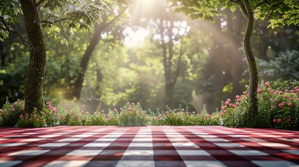 Poster - A checkered red and white picnic table with a view of a forest