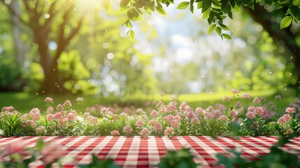 Poster - A checkered picnic table with a red and white checkered tablecloth