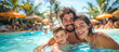 © Dina Photo Stories - happy family with a child having fun and relaxing in indoor swimming pool at hotel resort banner. Aqua park. Summer Vacation. Weekend on resort. Hotel activities. Copy space