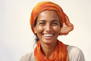Wall Mural - Portrait of a joyful indian woman in her 40s smiling at the camera while standing against plain white digital canvas