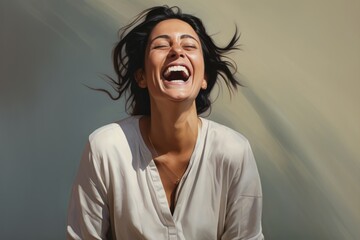 Wall Mural - Portrait of a joyful indian woman in her 40s laughing while standing against plain white digital canvas
