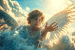 © Dina Photo Stories - The guardian angel with white whings holds out his hand to the camera with calm and hope in his eyes. Heavenly light and white clouds surround him. help from above