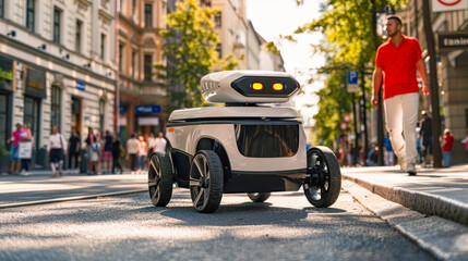 Modern automated food delivery robot drives along a city street. Autonomous innovation bot for parcel delivery shipping. Economical, Eco-friendly and Energy Efficient Futuristic Deliveries, logistics