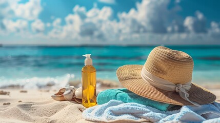 Poster - A bottle of sunscreen and a straw hat are on a beach towel