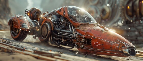 Futuristic motorcycle with aerodynamic design in an industrial sci-fi setting. High detail and advanced technology create a unique vision.