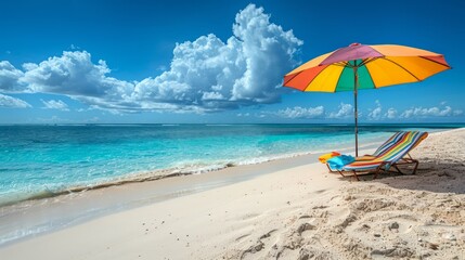 Poster - A beach scene with a colorful umbrella and a lounge chair