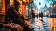 © Людмила Мазур - A portrait of a homeless man sitting on a wet street, highlighting the struggle and resilience of those facing homelessness, urging for empathy and assistance.
