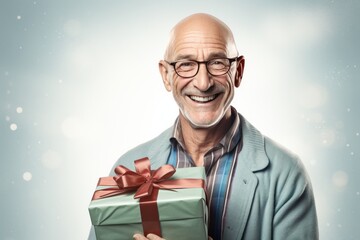 Wall Mural - Portrait of a joyful man in his 50s holding a gift in front of plain white digital canvas