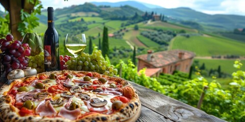 Wall Mural - Savoring Tuscany: At a Rustic Vineyard Pizzeria, a Delicious Pizza Capricciosa with Ham, Mushrooms, Artichokes, and Olives is Served Amidst Scenic Hills and Grapevines.

