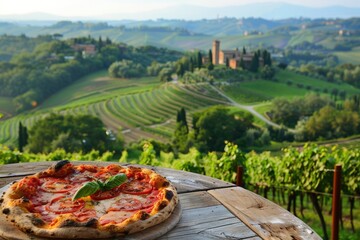 Wall Mural - Experience Authentic Tuscan Dining: Enjoy a Margherita Pizza at a Rustic Vineyard Pizzeria Amidst Tuscany's Rolling Hills and Grape Vines.