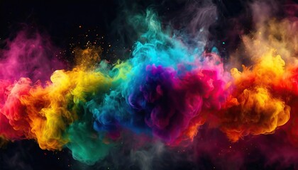 Canvas Print - Abstract Coloful Smoke Dust Particles Night haze Mist Floating on Rainbow Coloured Smoke on Dark Black