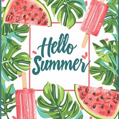 Wall Mural - Watermelon and popsicles summer background with the text 