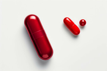 Close-up of three red capsules and tablets on a white background, representing various forms of medication and health supplements.