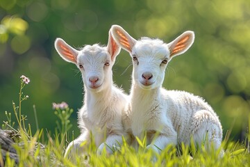 Wall Mural - Two cute baby goats sheep sitting on a green meadow background 