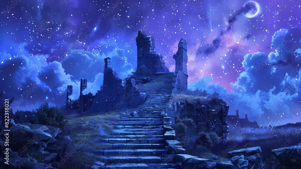 ancient stone stairs leading to mysterious castle under starry night ...