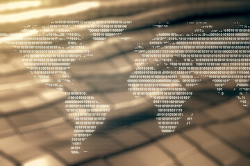Wall Mural - double exposure of abstract digital world map on blurry metal background, research and strategy conc