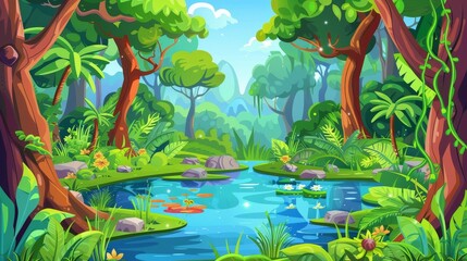 Wall Mural - Floating bog grass in a tropical rain forest with trees, rocks, and marsh. Modern illustration of wild jungle, rain forest, river, or swamp in tropical rain forest.
