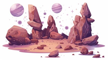 Wall Mural - The graphic depicts an alien world with large rocks. It's a cartoon icon of an alien world, a fantastic cosmic object with brown stones and a beautiful illustration of unusual astronomy.