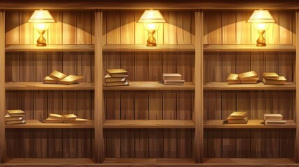 Wall Mural - Modern realistic mockup of white bookshelves in a library, wood showcase in a retail store. Timber planks for display or exhibition in an art gallery.