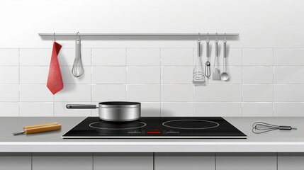 An electric stove with hang rag, whisk, turner, and scissors on a kitchen counter top. A ceramic cooktop with induction cooking panel. A realistic 3d modern countertop with an electrical outlet.