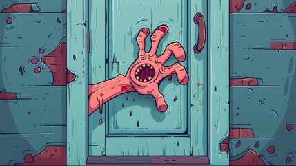 Wall Mural - In a horror cartoon, a hand scratches the door as it lands