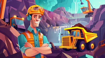 In opencast mine poster with helmeted worker, dumper, and excavator. Modern banners of mining industry showing cartoon illustrations of engineer and machinery.