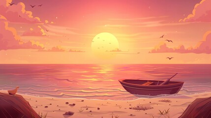 Sea or ocean beach with wooden boat at sunset. Modern cartoon illustration of orange and pink sky with sand shore, boat on water, sun, clouds, birds and colors.