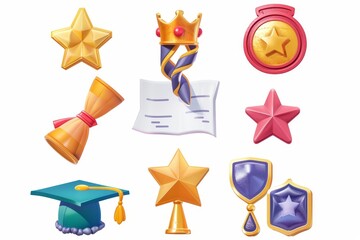 Crown, medal, certificate, prize, graduation cap, star. 3D modern renders.