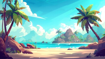 Wall Mural - This modern parallax background is ready for 2D animation with cartoon summer seascape with lagoon and rocks on the horizon.