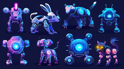 Poster - Cyborg animals with glowing eyes and mechanical bodies. Robots pets hare, eagle, lizard, cheetah or puma with glowing eyes. Cartoon artificial intelligence electronic machines modern set.