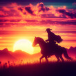 © WK Stock - silhouette of a cowboy riding into the sunset, c4d, dreamy and optimistic, vibrant sky