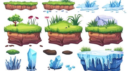 Wall Mural - The transparent game ground of summer and winter landscape. Modern cartoon set of level platforms, grasses, bushes, frozen ice land, and sand isolated on white.