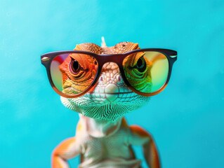 Poster - colorful lizard wearing sunglasses on teal background