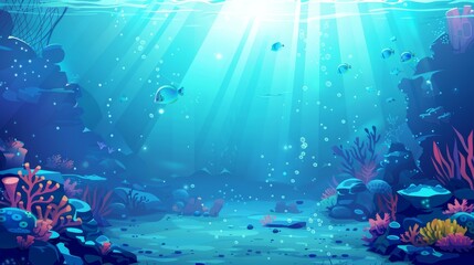 Sticker - A deep sea surface cartoon modern background. Abstract seabed scene in a tropical environment. Coral reef and rock view in an aqua landscape.