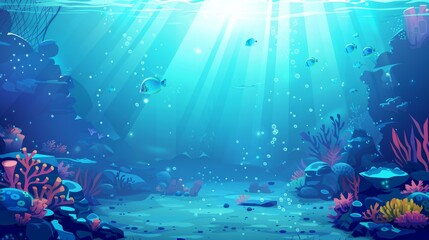 Poster - A deep sea surface cartoon modern background. Abstract seabed scene in a tropical environment. Coral reef and rock view in an aqua landscape.