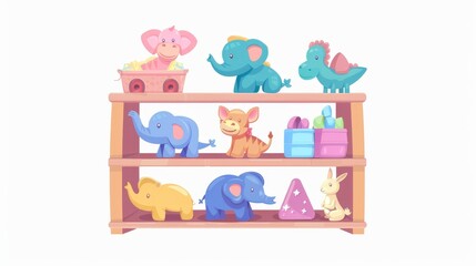 Poster - A wooden shop rack element for kindergarten or store design with elephant, dinosaur, horse and rabbit isolated on white background. Showcase display furniture.