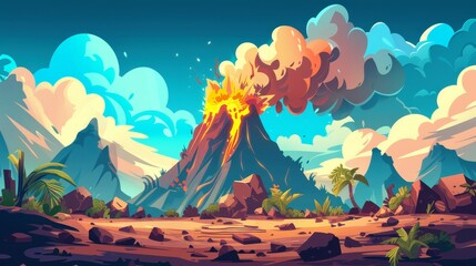 A cartoon modern set of active volcanic mountains with smoke and ash, brown stones, and green bushes. Prehistoric or Hawaiian island tropical landscape elements. Volcanic explosion scene.