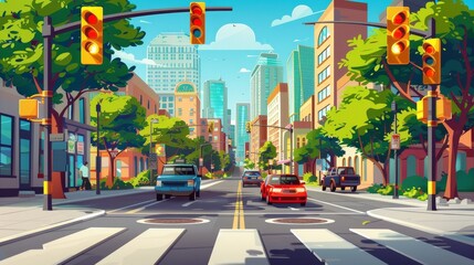 Wall Mural - Modern cartoon illustration of cars cruising down a city street with a green traffic light at the crossing. The scene includes a pedestrian crosswalk, sewage grate on the pavement, buses coming off
