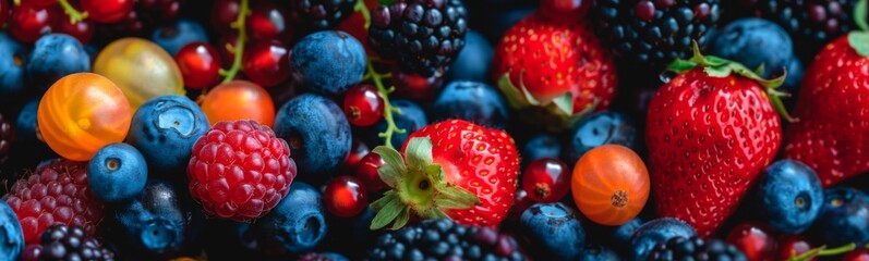 Poster - Many different berries are grouped together on the table. Food background . Banner