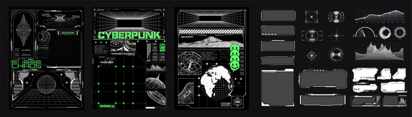 Fototapete - Cyberpunk-themed user interface elements, including holographic displays, grids, graphs, and futuristic design components. Ideal for sci-fi and technology projects. Collection of futuristic posters.