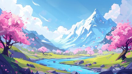 Wall Mural - An old sakura tree grows by a stream in a spring mountain river landscape. A modern cartoon illustration depicts blue water, pink cherry blossom petals, green grass on hills, glaciers on peaks, and