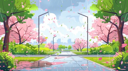 Wall Mural - An urban park with sakura trees and pedestrian roads in the rain. Modern cartoon illustration of wet grass and bushes, puddles on the sidewalk, cloudy skies and petals floating in the air during the