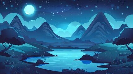 Wall Mural - Landscape of mountains at night with lake or river, dark starry sky. Cartoon modern illustration of panorama of rocky peaks at midnight, water pond, and trees. Evening countryside shot.