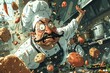 © Izanbar MagicAI Art - Caricature Cartoon Culinary Catastrophe: A frantic kitchen scene unfolds, filled with exaggerated chaos. A portly chef throws ingredients in every direction.