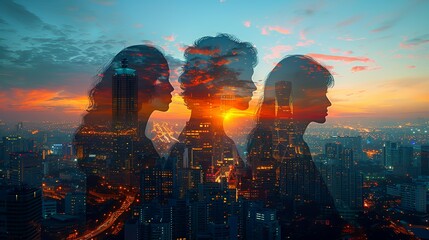 Double exposure Business, Team collaborating on a project, blended with a cityscape, symbolizing the synergy between teamwork and urban business success. Illustration image,