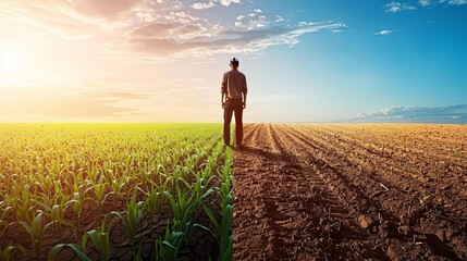 climate change contrast silhouette of farmer in divided field lush green crops vs dry barren land