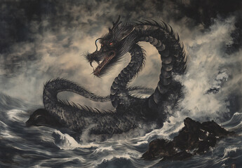 Wall Mural - A dragon made of black stone floats in the sea, its body winding and coiling on itself to form an angry expression.