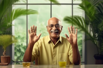 Wall Mural - Portrait of a satisfied indian man in his 70s joining palms in a gesture of gratitude in front of stylized simple home office background